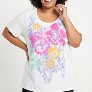 NWOT Just My Size Plus Size White Scoop Neck Tee with Pink Floral Design